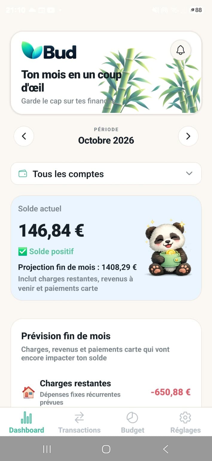 Écran principal de BUD présentant le solde et la projection de fin de mois.