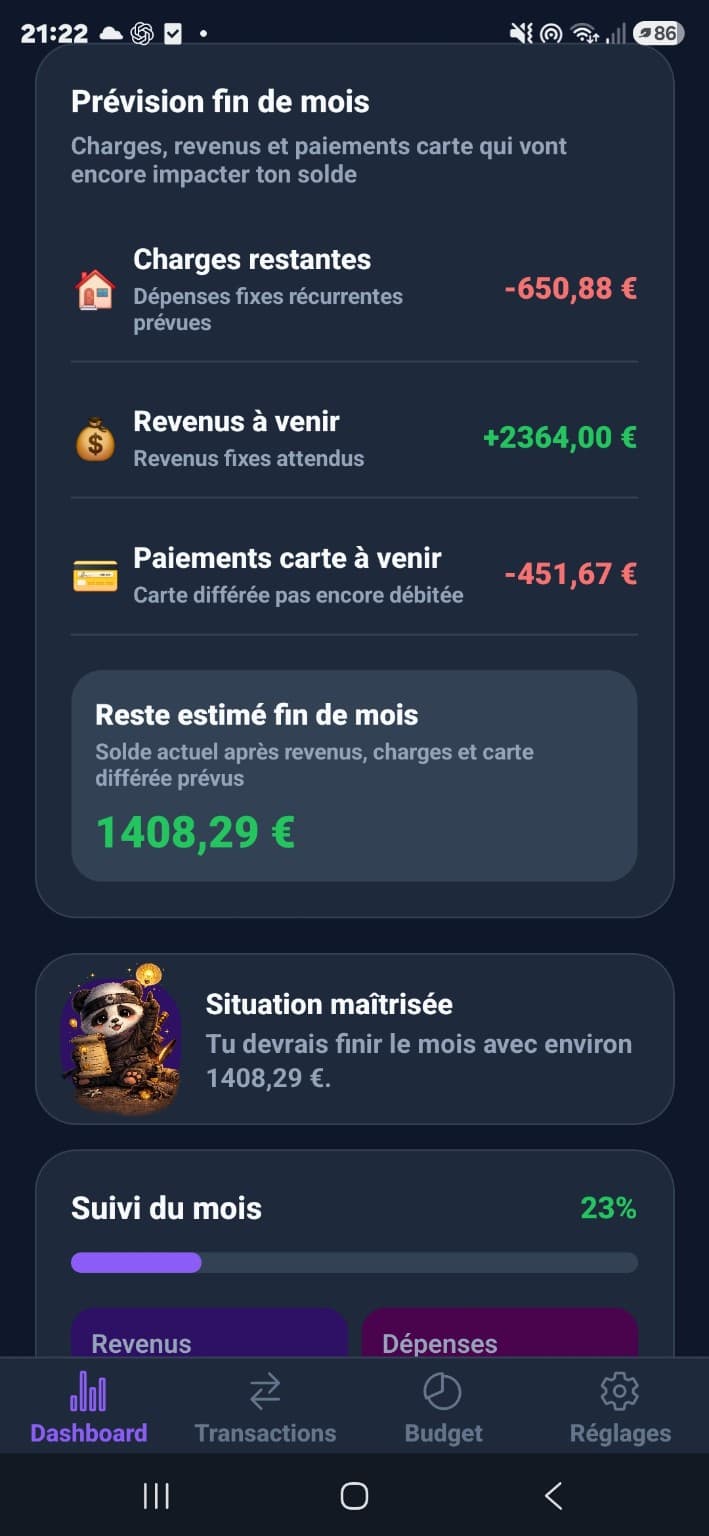 Projection BUD présentant les charges restantes, revenus à venir et estimation du solde en fin de mois.